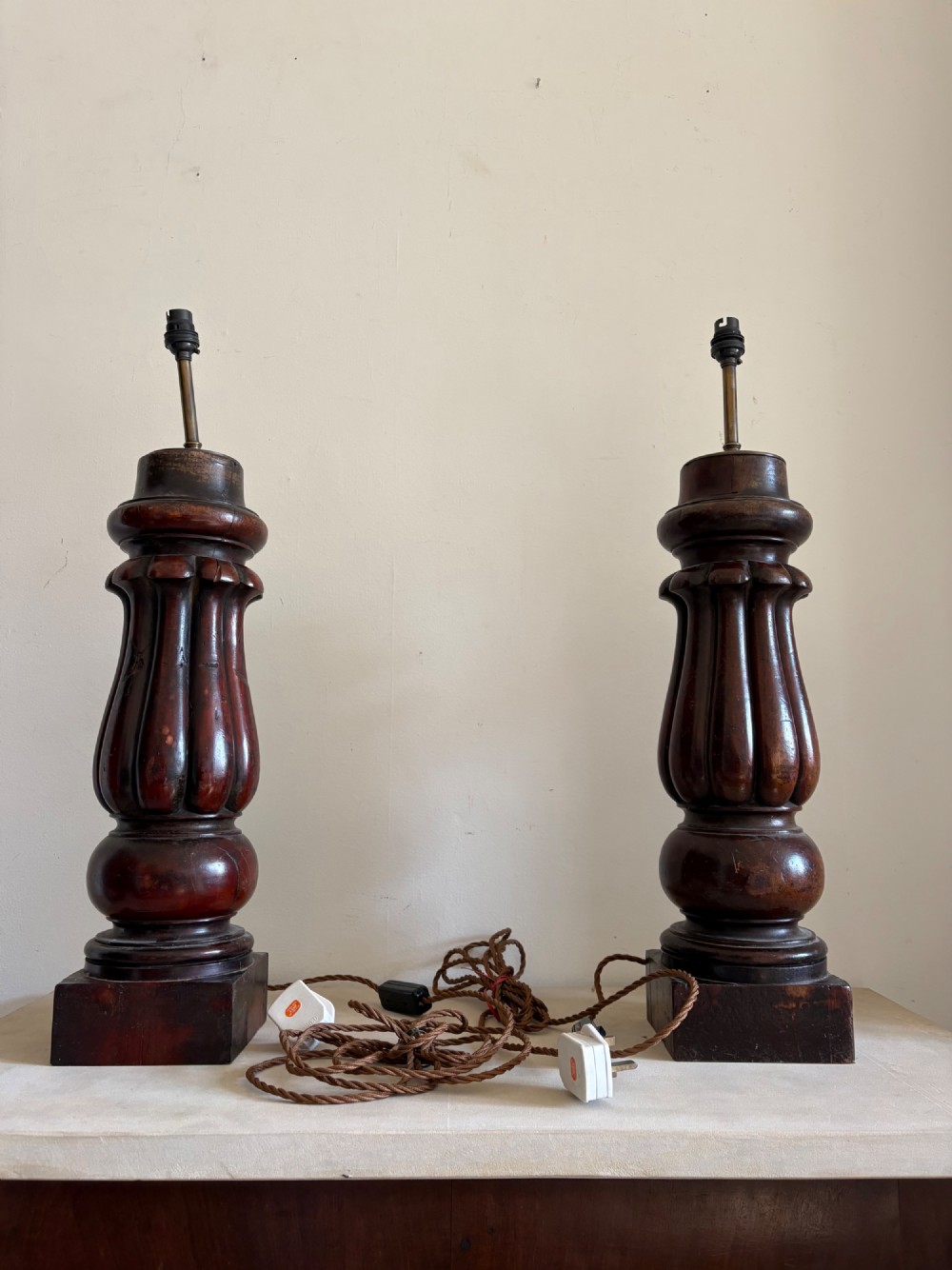 A Pair of 19thC Cuban Mahogany Substantial Table Lamps, c1850, 67cm Tall