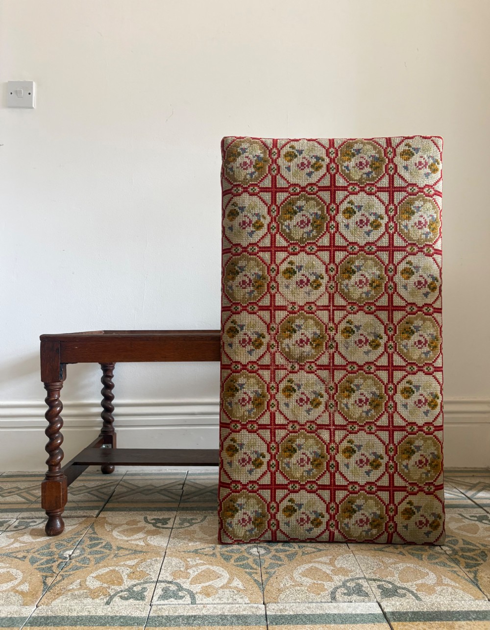 Early 20thC English Oak Barley Twist Hall Bench, Needlepoint Seat C1920s, 95cm