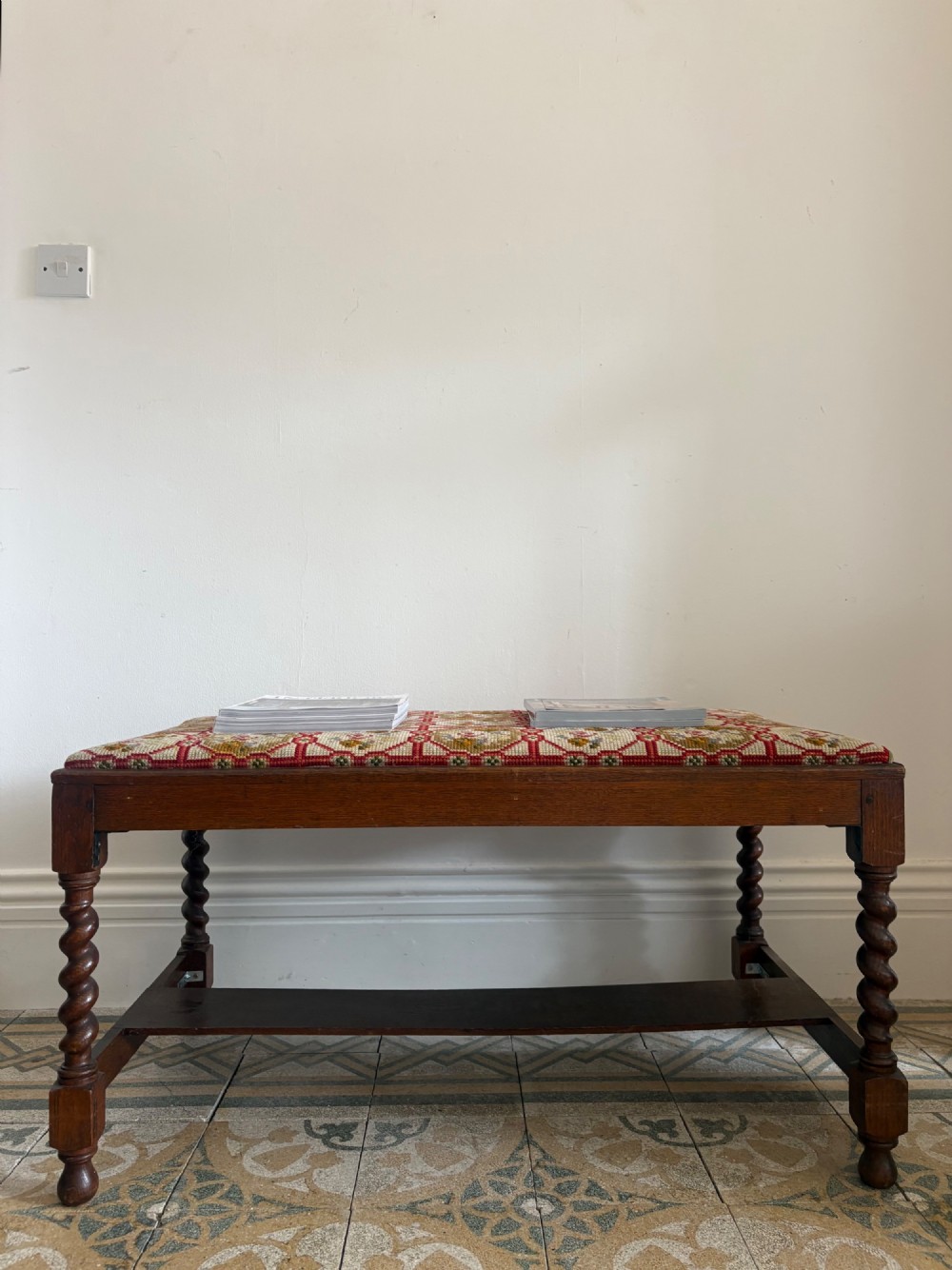 Early 20thC English Oak Barley Twist Hall Bench, Needlepoint Seat C1920s, 95cm View II