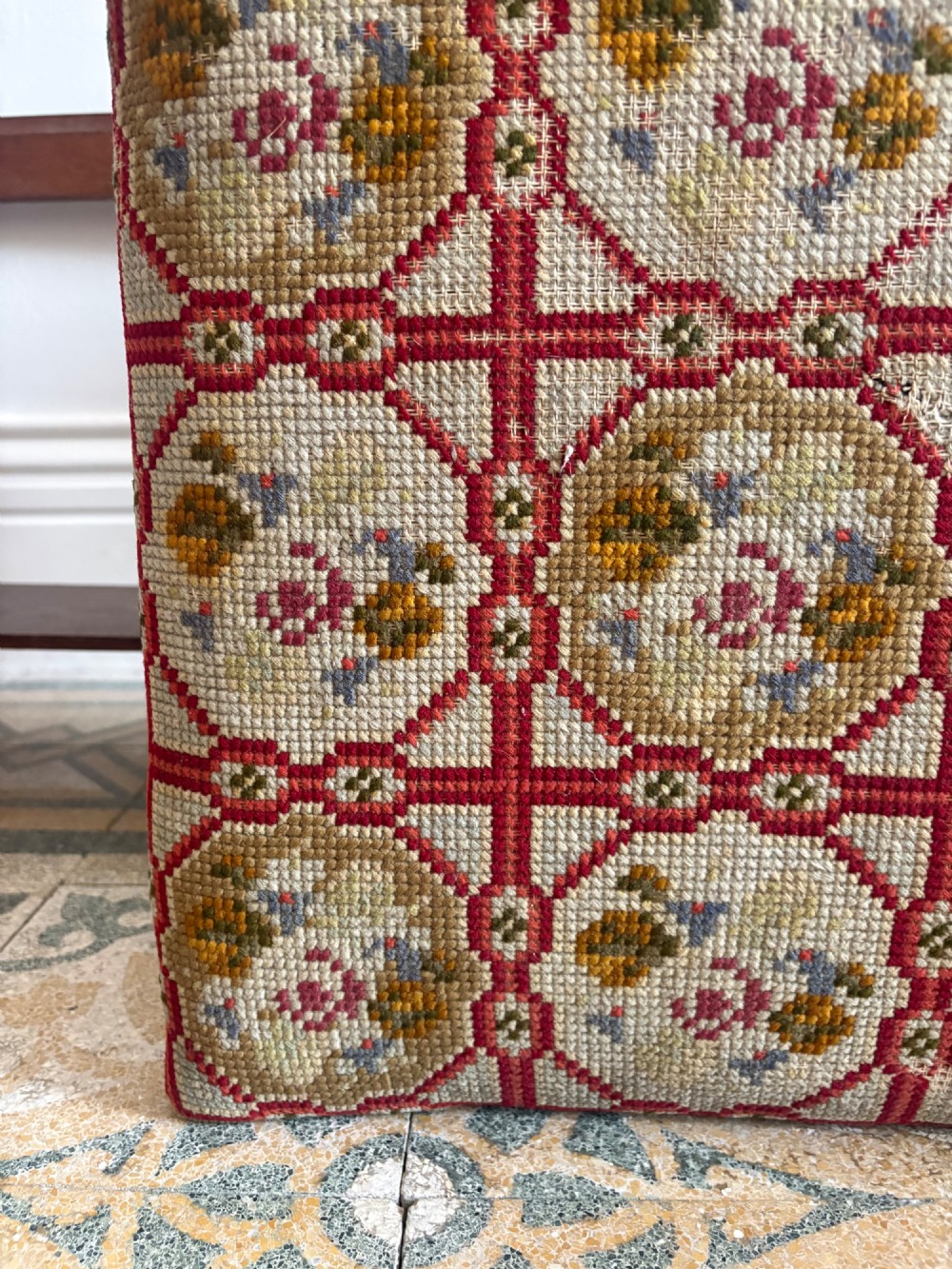 Early 20thC English Oak Barley Twist Hall Bench, Needlepoint Seat C1920s, 95cm View V