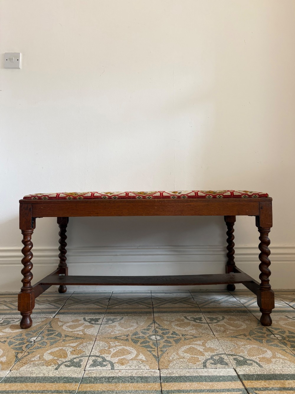 Early 20thC English Oak Barley Twist Hall Bench, Needlepoint Seat C1920s, 95cm View VI