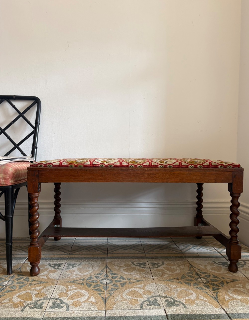 Early 20thC English Oak Barley Twist Hall Bench, Needlepoint Seat C1920s, 95cm View VIII