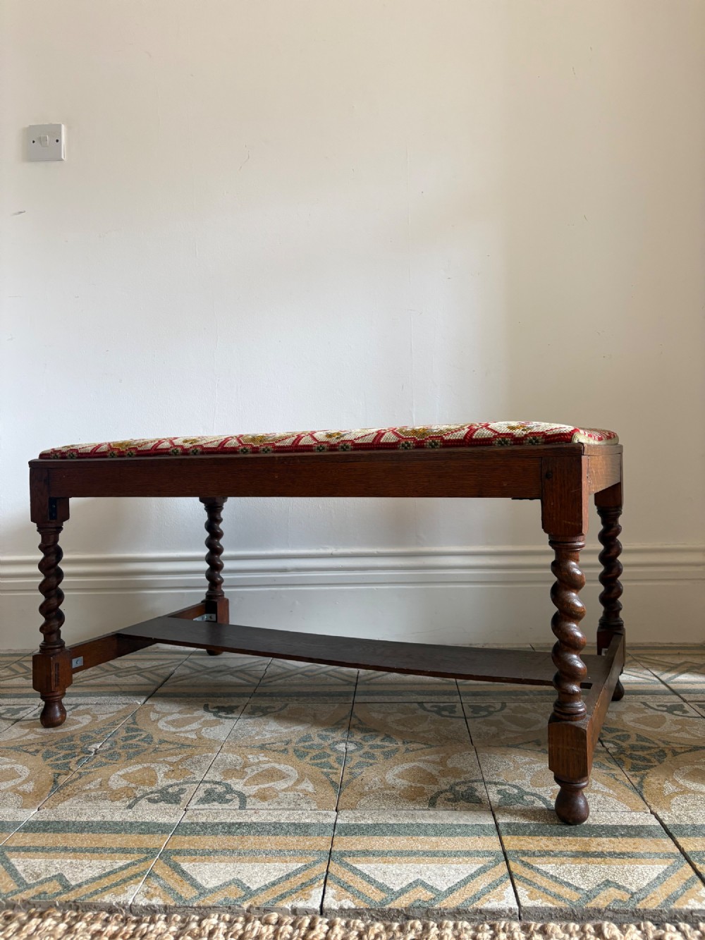 Early 20thC English Oak Barley Twist Hall Bench, Needlepoint Seat C1920s, 95cm View IX