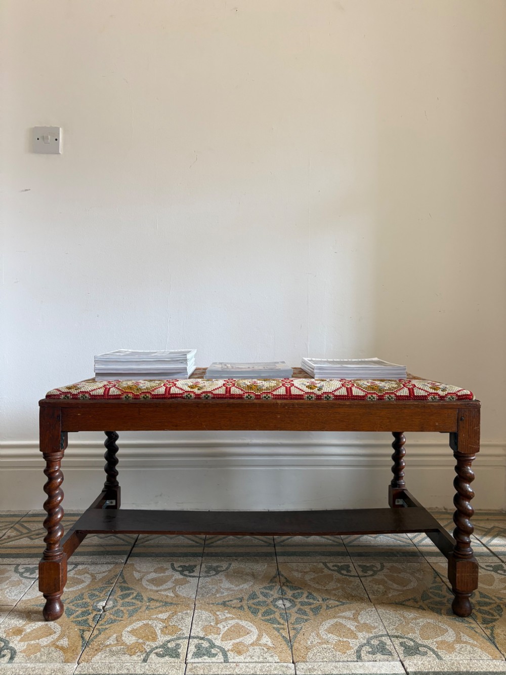 Early 20thC English Oak Barley Twist Hall Bench, Needlepoint Seat C1920s, 95cm View X