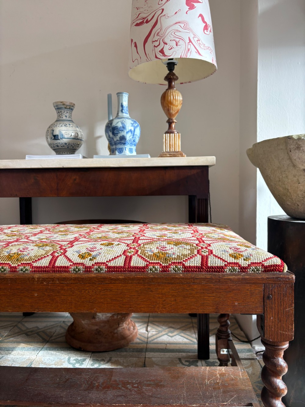 Early 20thC English Oak Barley Twist Hall Bench, Needlepoint Seat C1920s, 95cm View XIII