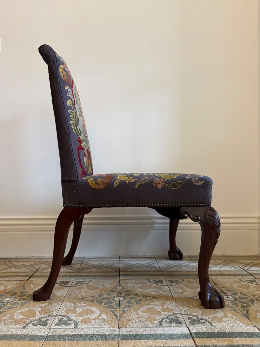 A 19th Century George 11 style, Carved Mahogany Side Chair with Tapestry Seat View VII