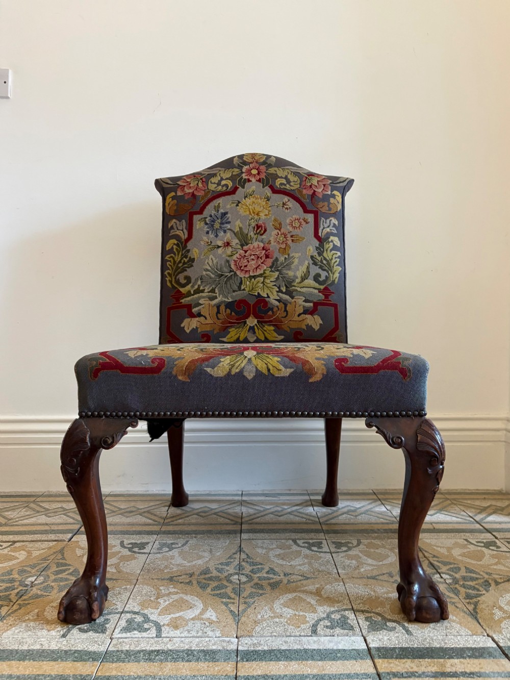 A 19th Century George 11 style, Carved Mahogany Side Chair with Tapestry Seat