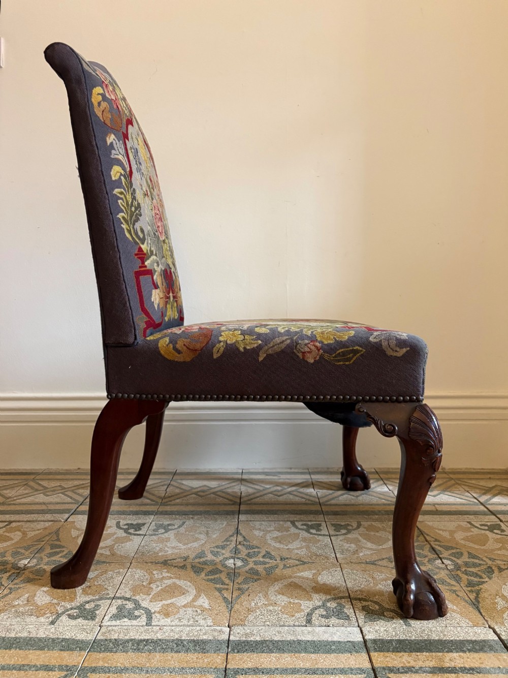 A 19th Century George 11 style, Carved Mahogany Side Chair with Tapestry Seat View V