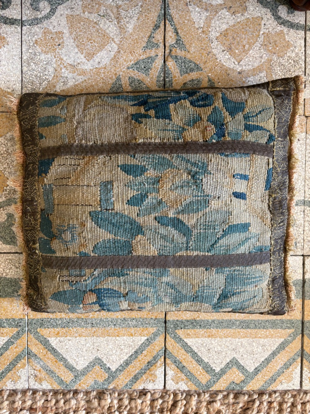 An 18thC French Verdure Aubusson Tapestry Fragment Cushion, 39cm, Feather Filled