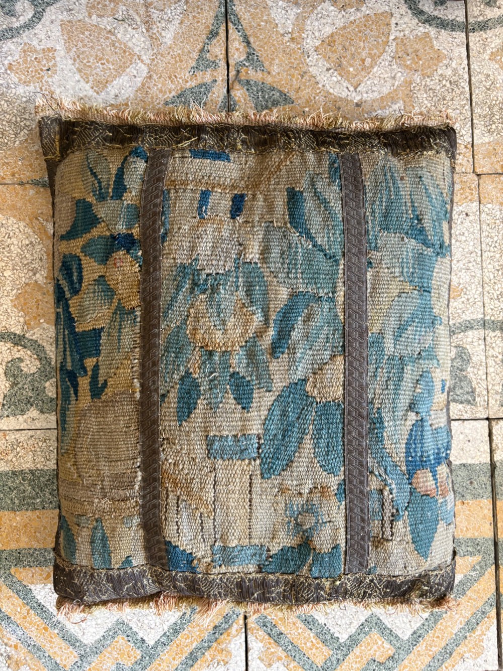 An 18thC French Verdure Aubusson Tapestry Fragment Cushion, 39cm, Feather Filled View II