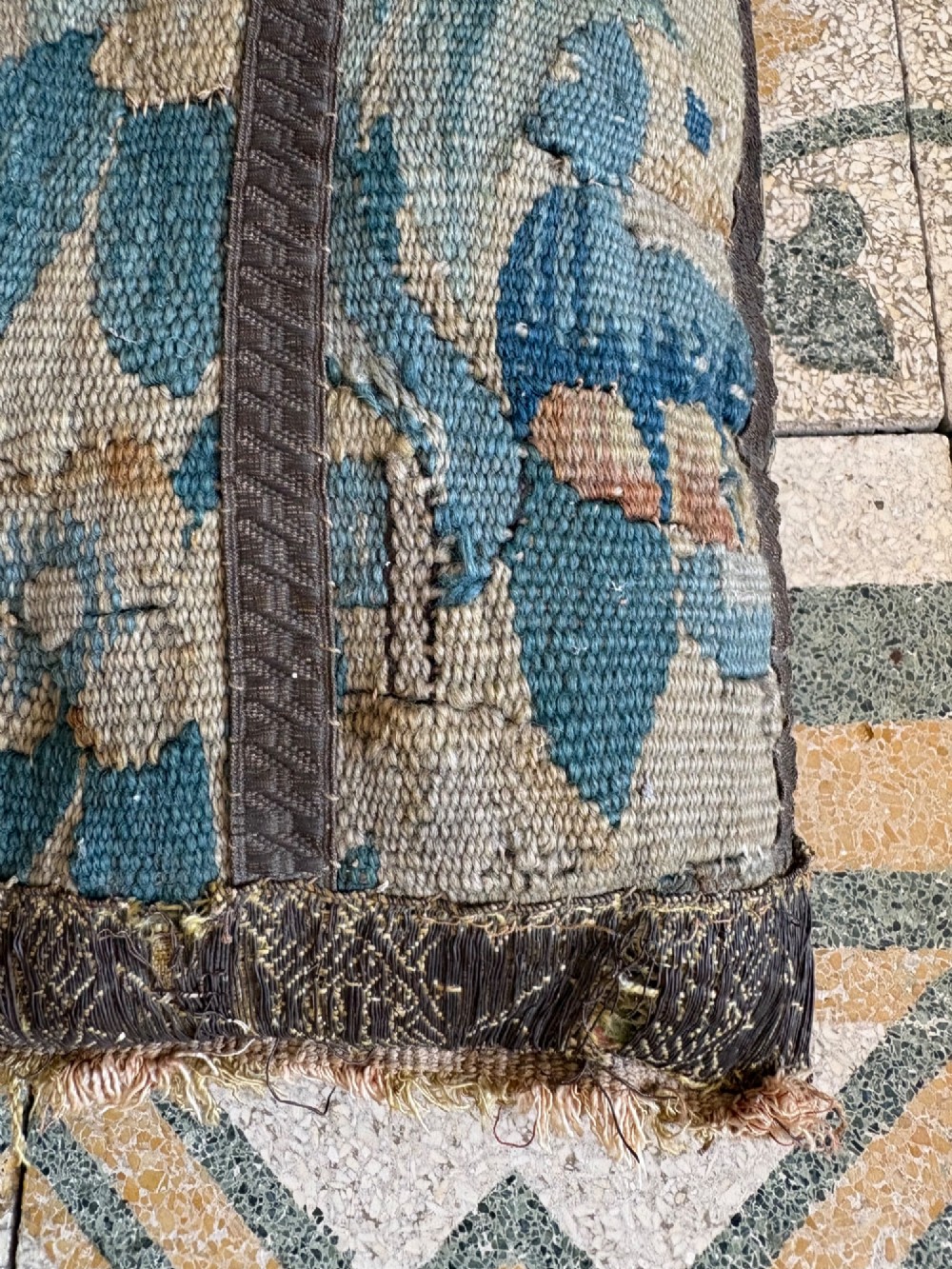 An 18thC French Verdure Aubusson Tapestry Fragment Cushion, 39cm, Feather Filled View III