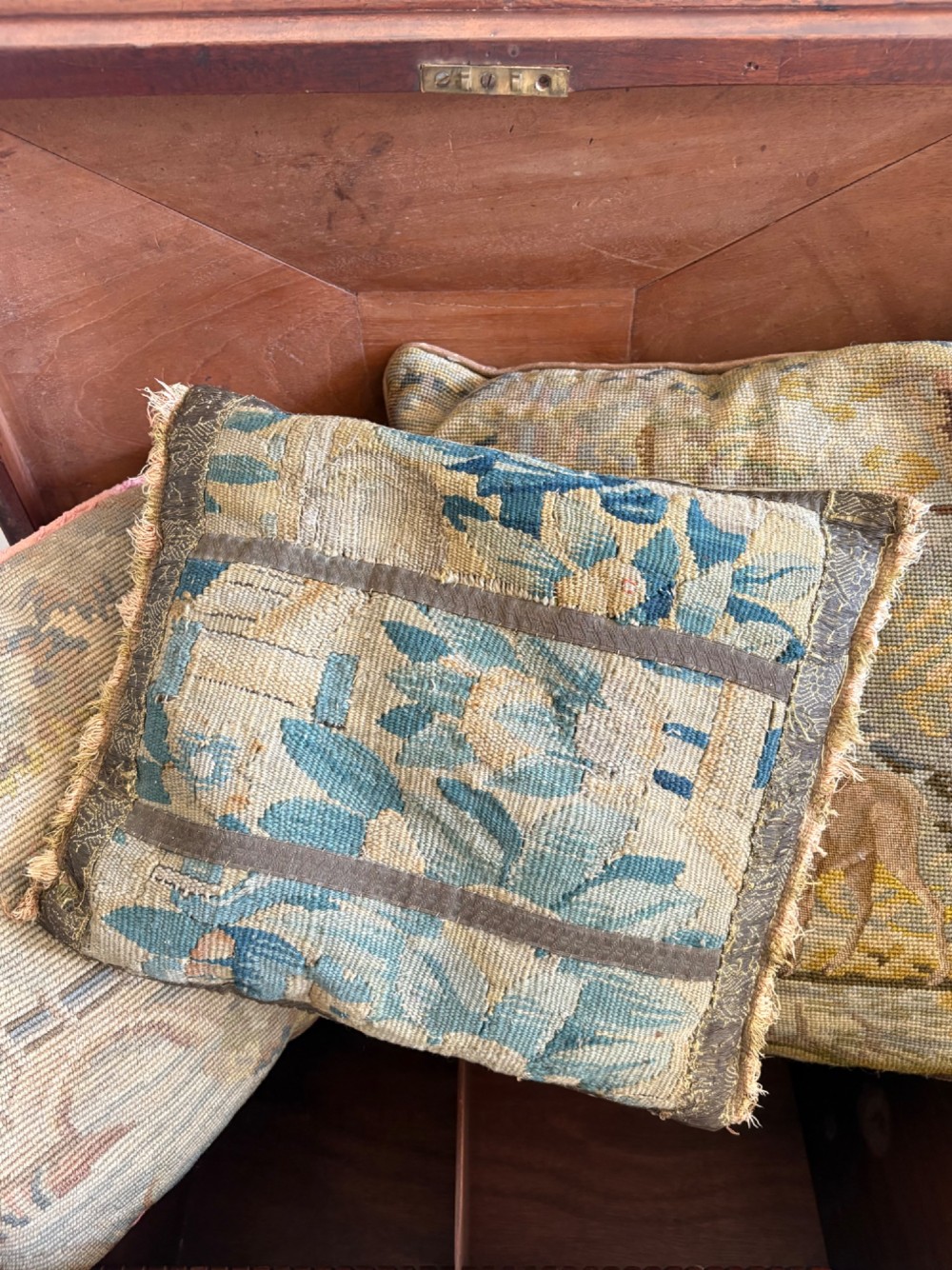 An 18thC French Verdure Aubusson Tapestry Fragment Cushion, 39cm, Feather Filled View VI