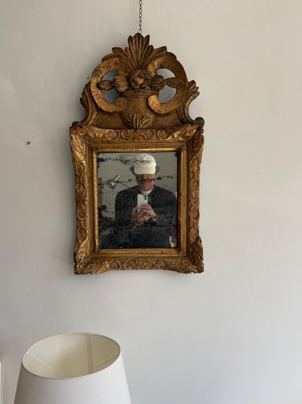 A French 18th Century Giltwood Ornate Pediment Mirror, 80cm Foxed Mercury Plate