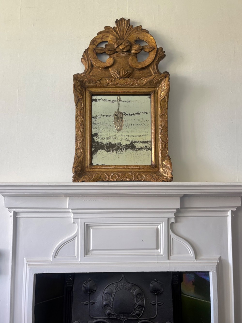 A French 18th Century Giltwood Ornate Pediment Mirror, 80cm Foxed Mercury Plate View II