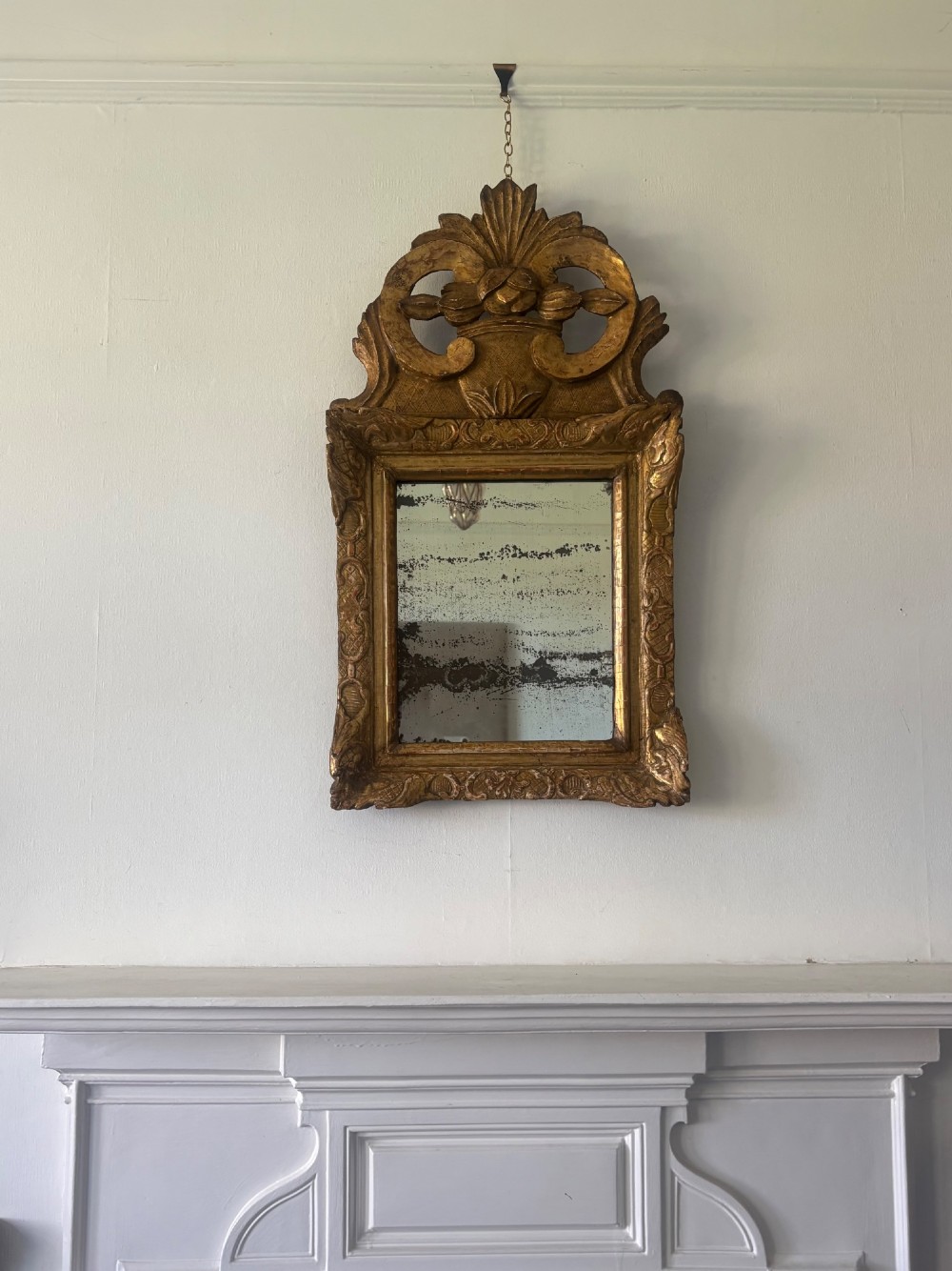 A French 18th Century Giltwood Ornate Pediment Mirror, 80cm Foxed Mercury Plate View III