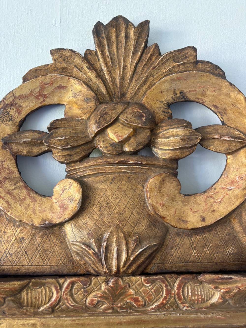 A French 18th Century Giltwood Ornate Pediment Mirror, 80cm Foxed Mercury Plate View IV