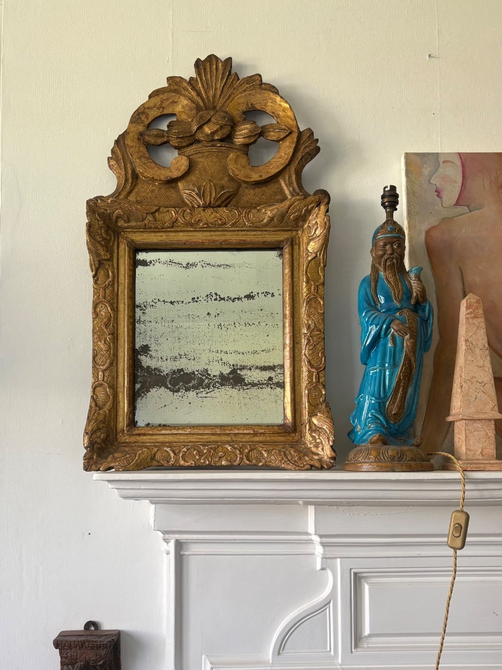 A French 18th Century Giltwood Ornate Pediment Mirror, 80cm Foxed Mercury Plate View IX