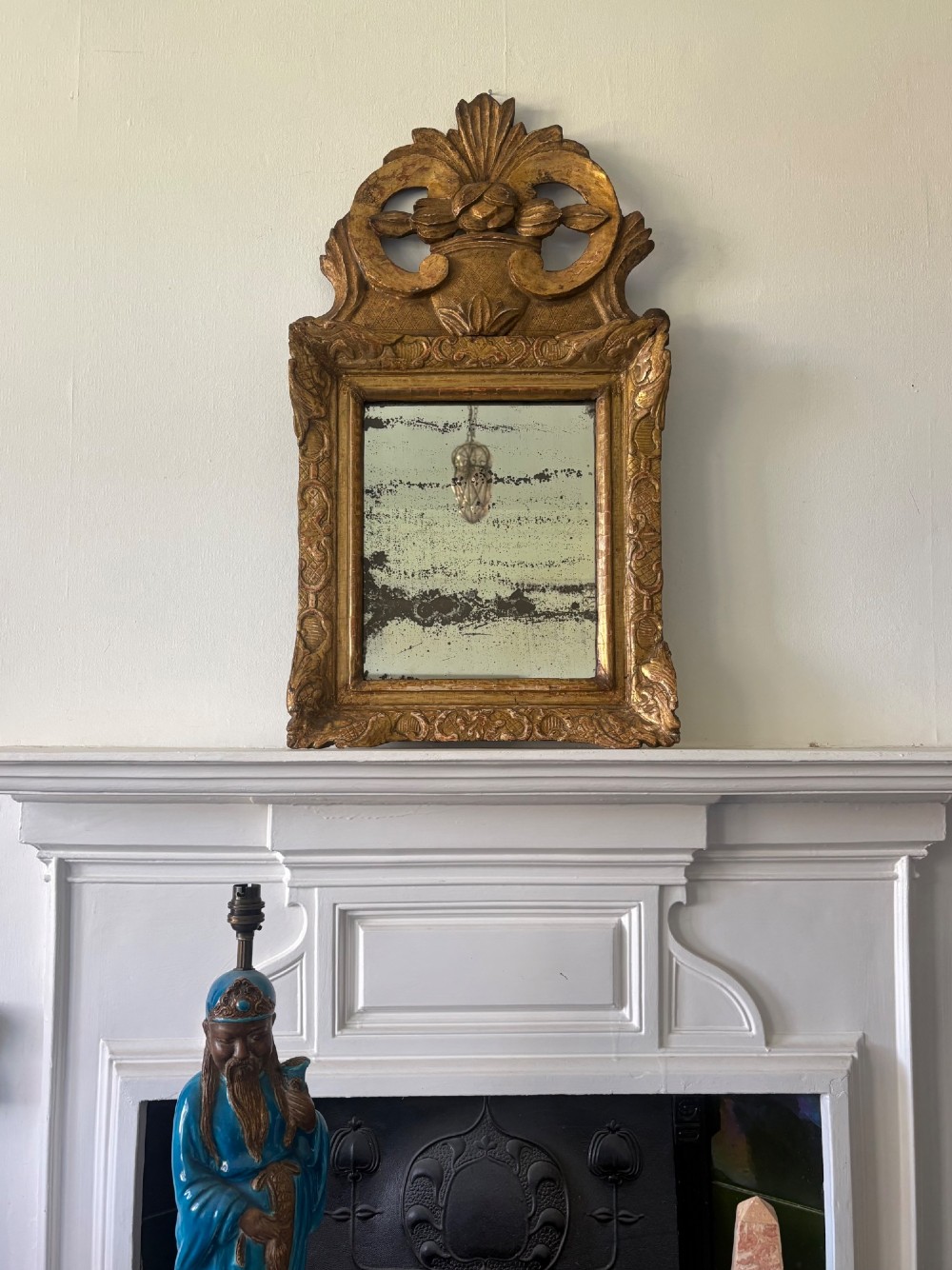 A French 18th Century Giltwood Ornate Pediment Mirror, 80cm Foxed Mercury Plate View XIV