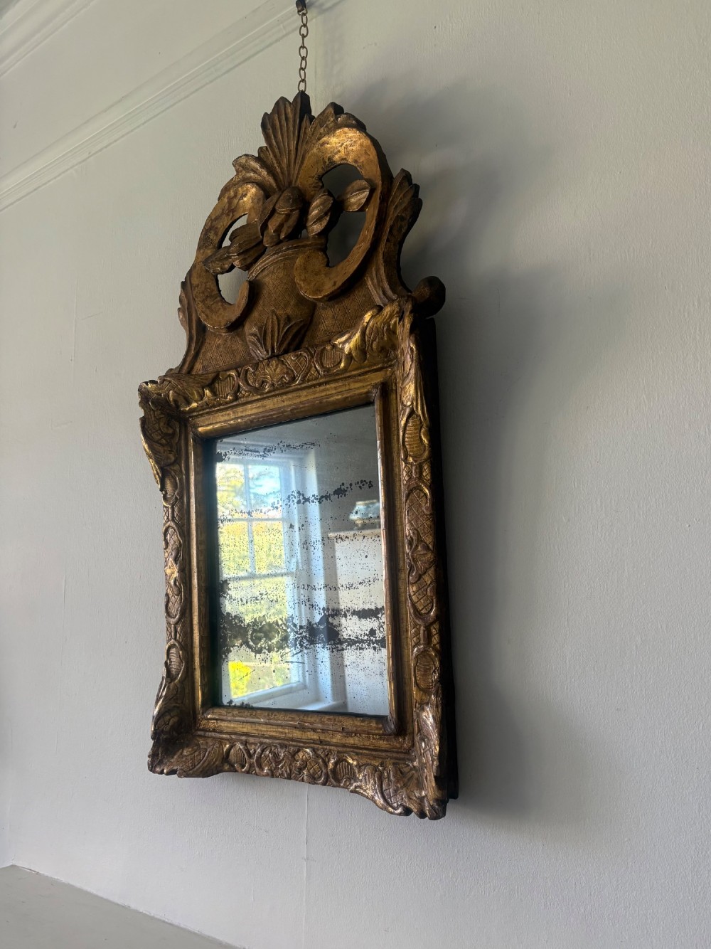 A French 18th Century Giltwood Ornate Pediment Mirror, 80cm Foxed Mercury Plate View XV
