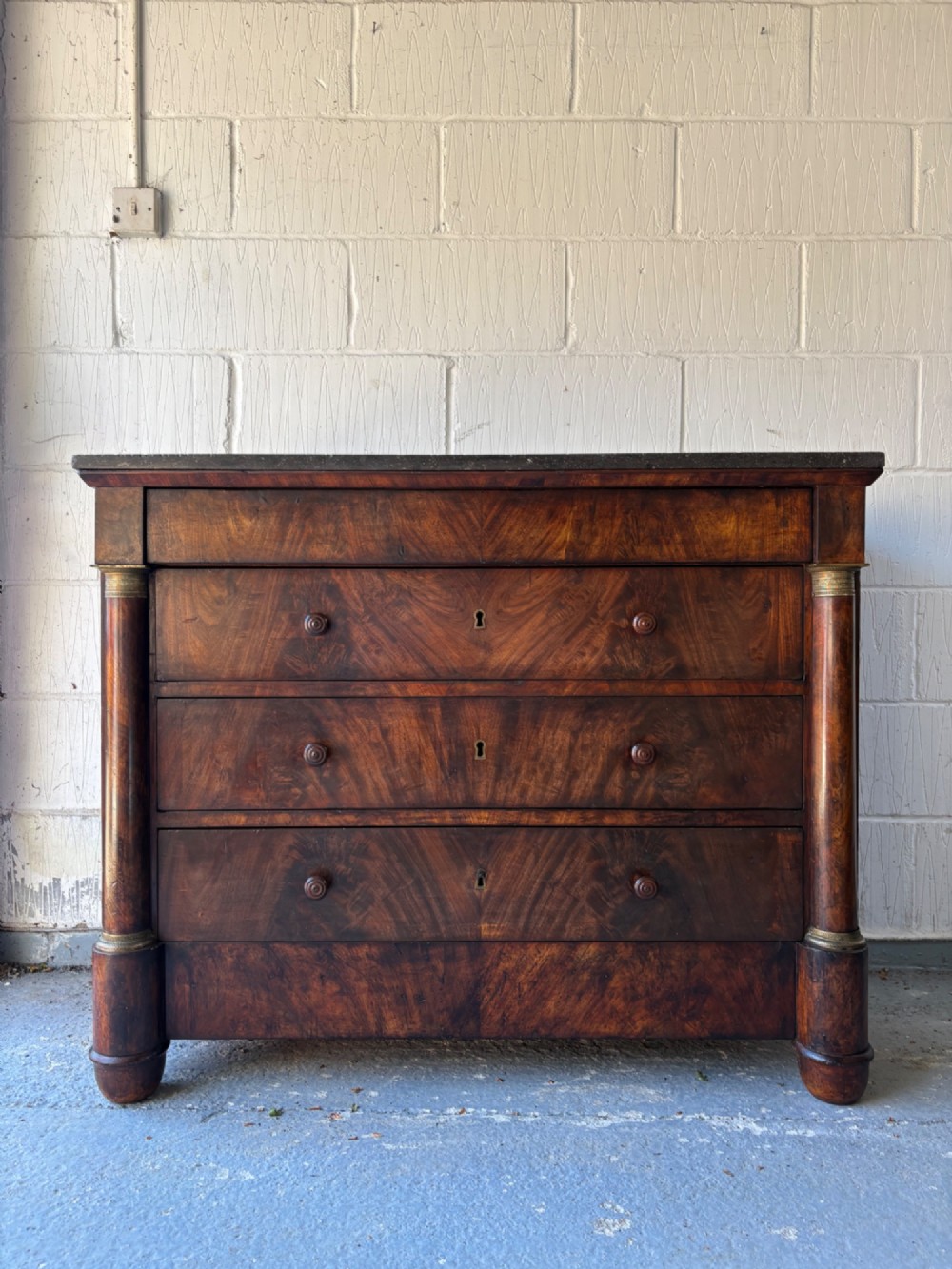 A 19thC French Empire, Flame Mahogany Chest of Drawers Commode, Marble Top 115cm