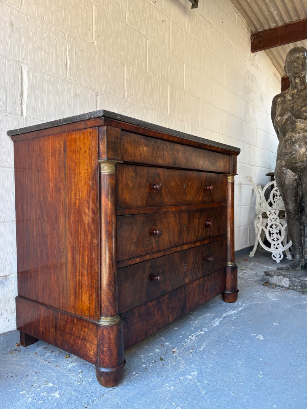 A 19thC French Empire, Flame Mahogany Chest of Drawers Commode, Marble Top 115cm View III
