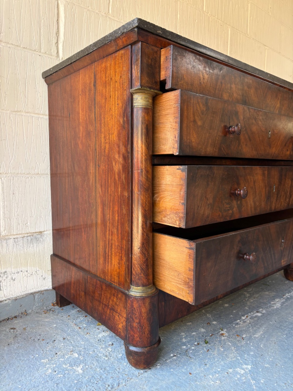 A 19thC French Empire, Flame Mahogany Chest of Drawers Commode, Marble Top 115cm View IV
