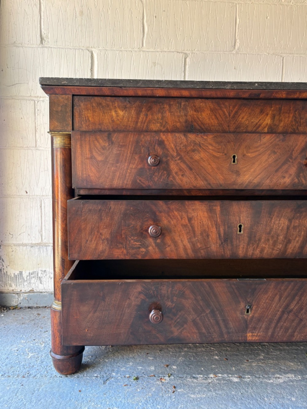 A 19thC French Empire, Flame Mahogany Chest of Drawers Commode, Marble Top 115cm View V