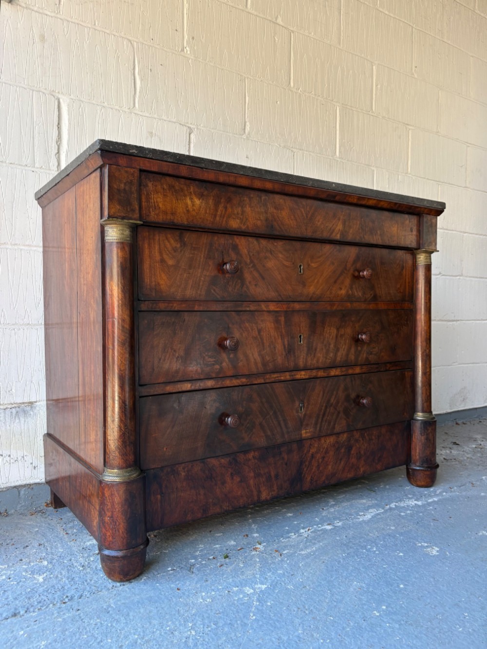 A 19thC French Empire, Flame Mahogany Chest of Drawers Commode, Marble Top 115cm View VI