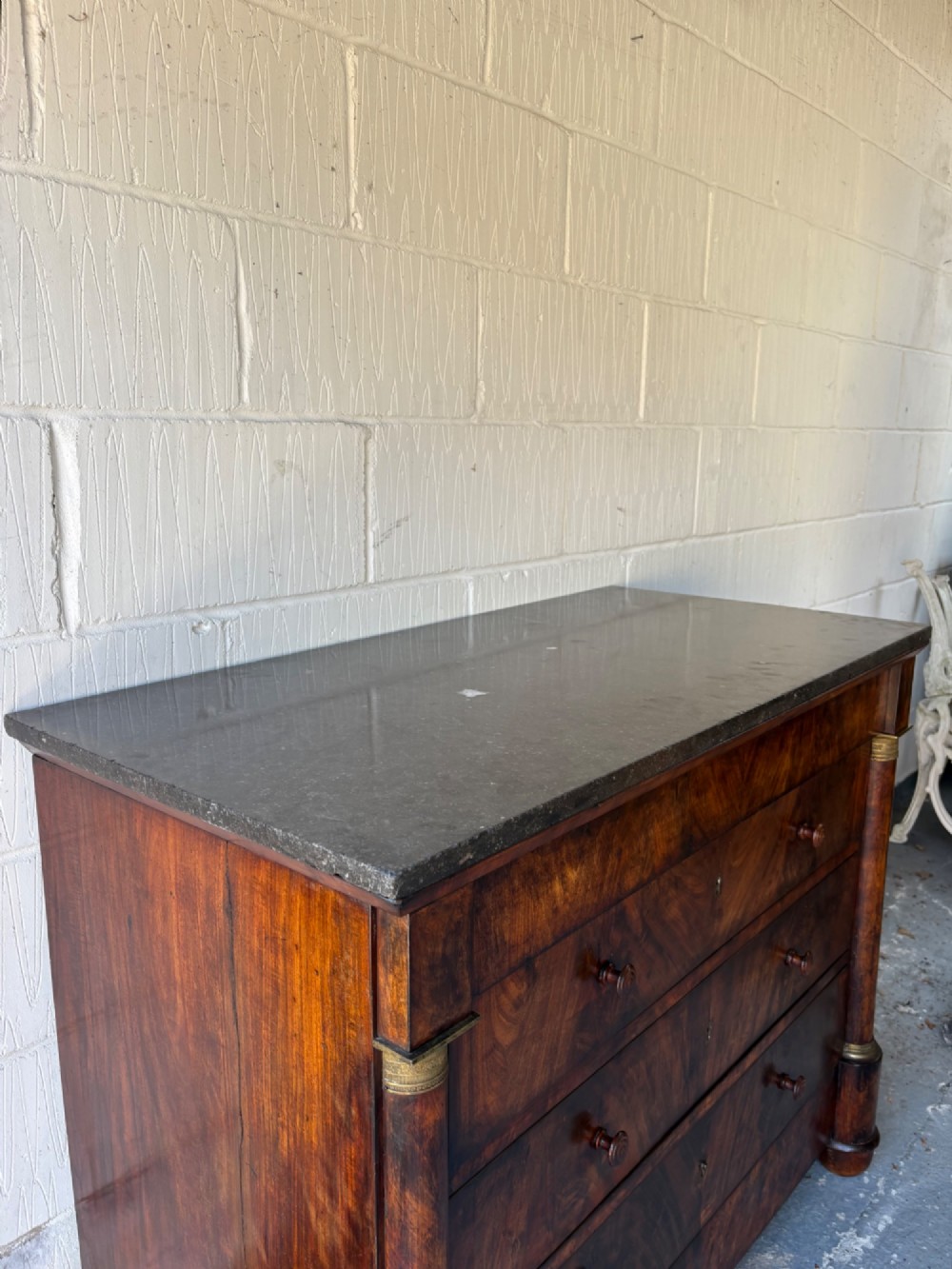 A 19thC French Empire, Flame Mahogany Chest of Drawers Commode, Marble Top 115cm View VII