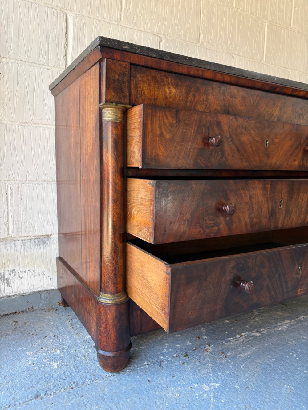 A 19thC French Empire, Flame Mahogany Chest of Drawers Commode, Marble Top 115cm View IX