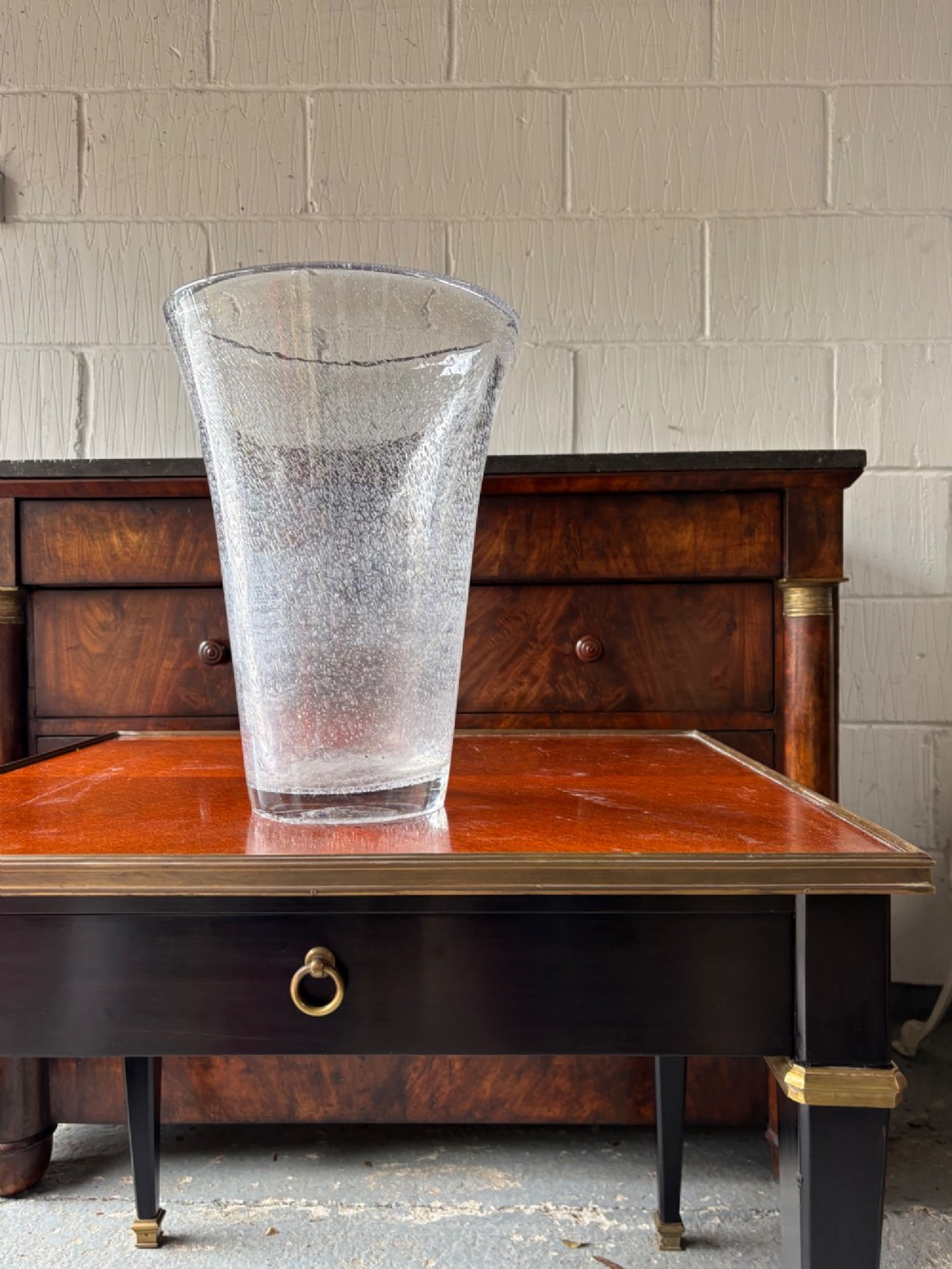 A tall flared Art Deco clear crystal vase featuring a densely bubble-textured interior. View III