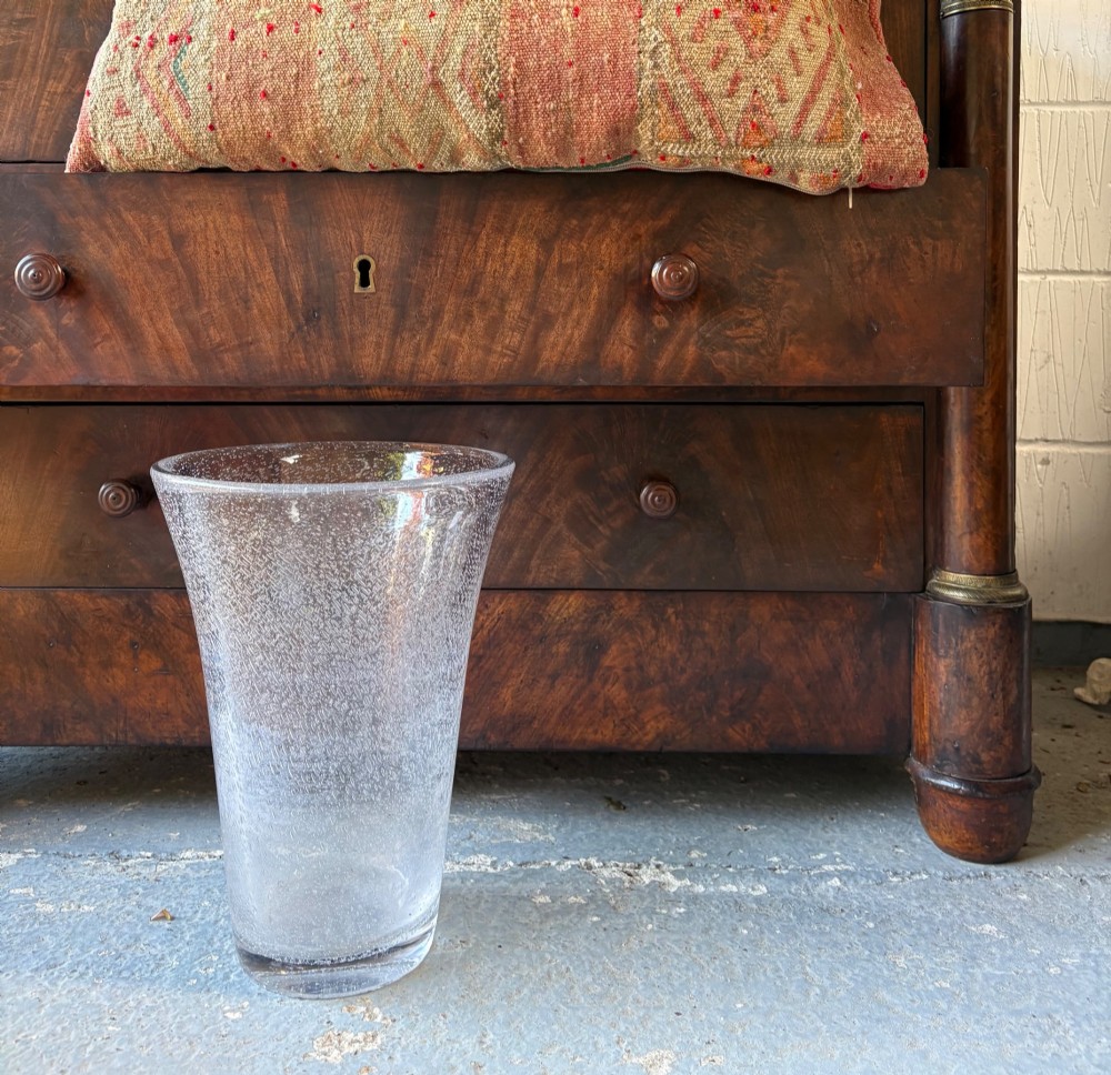 A tall flared Art Deco clear crystal vase featuring a densely bubble-textured interior. View VII