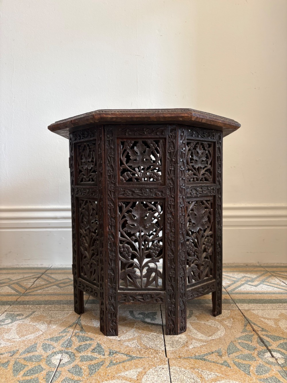 Anglo Indian Carved Octagonal Table C1900, 48.5cm tall, 46cm top, Indian Teak View II