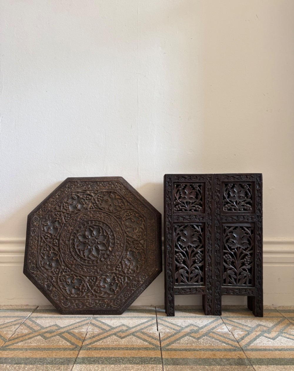 Anglo Indian Carved Octagonal Table C1900, 48.5cm tall, 46cm top, Indian Teak View III