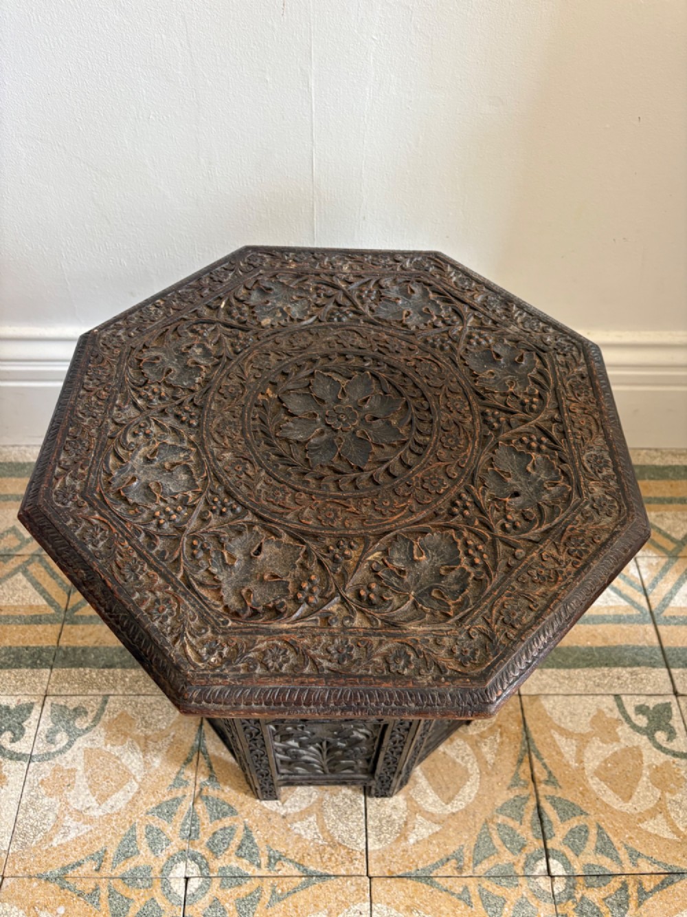 Anglo Indian Carved Octagonal Table C1900, 48.5cm tall, 46cm top, Indian Teak View VIII