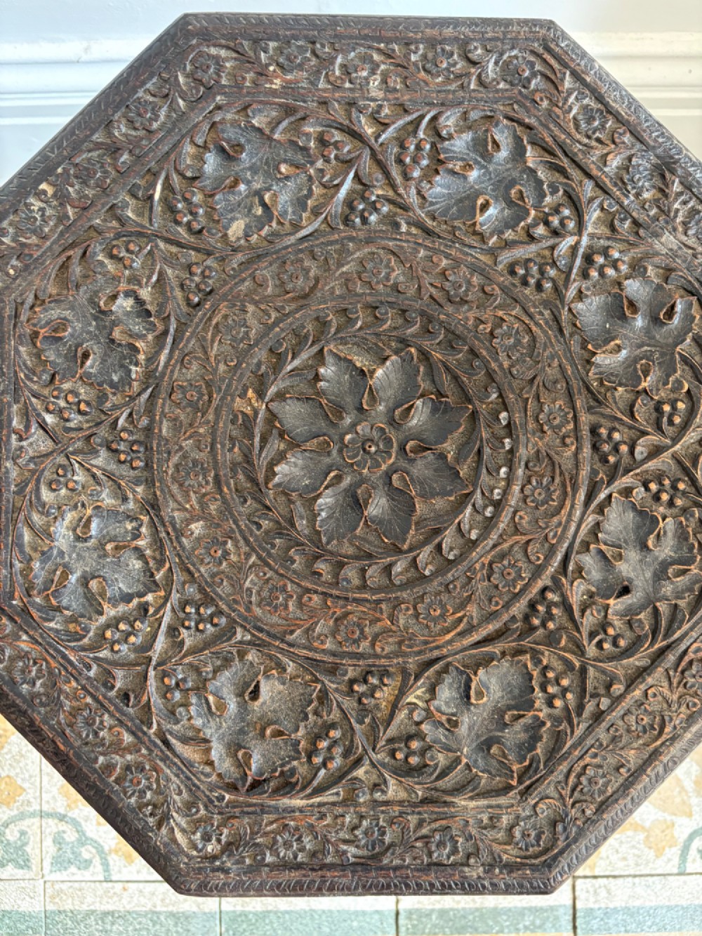 Anglo Indian Carved Octagonal Table C1900, 48.5cm tall, 46cm top, Indian Teak View XI