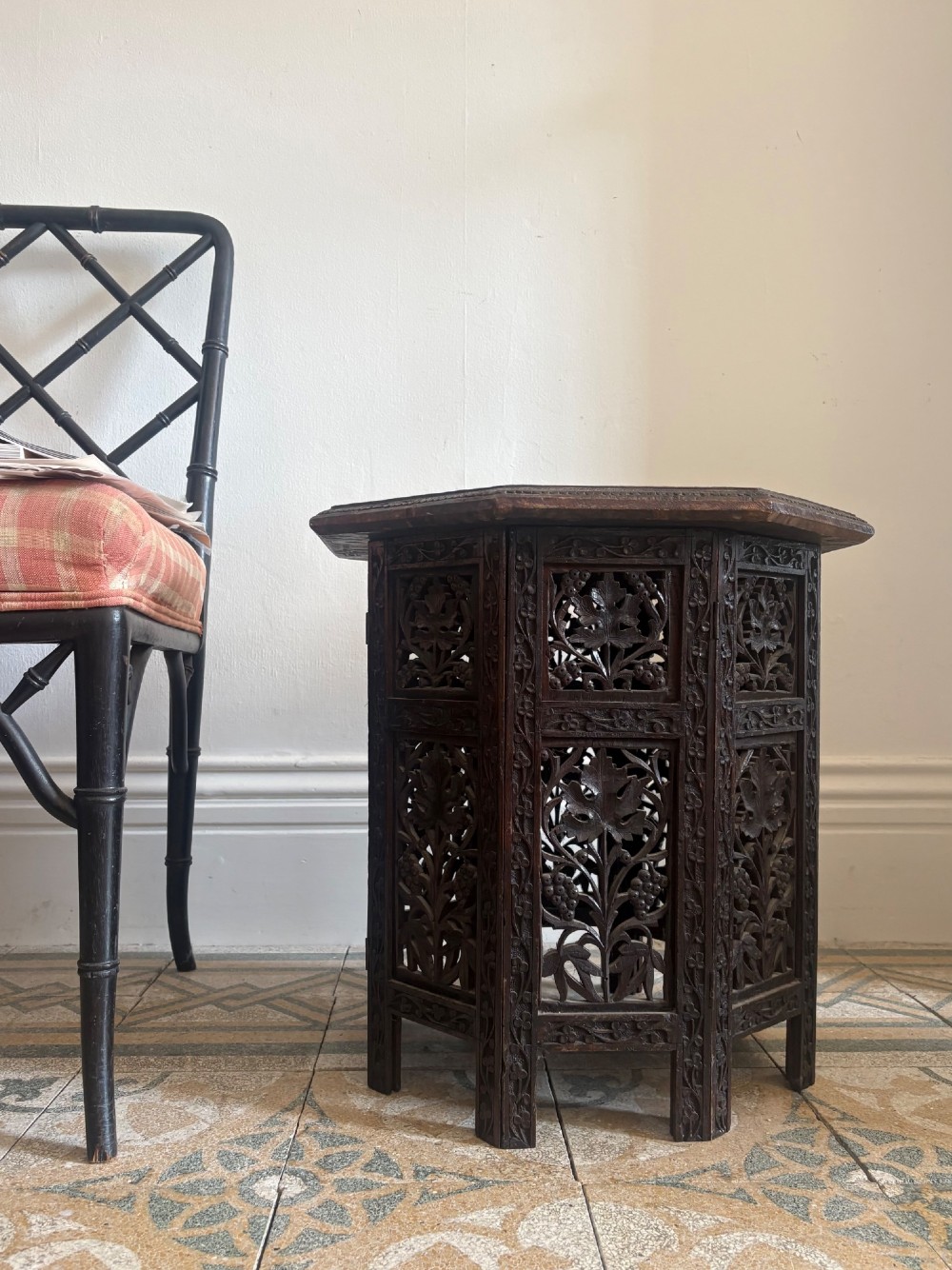 Anglo Indian Carved Octagonal Table C1900, 48.5cm tall, 46cm top, Indian Teak View XIV