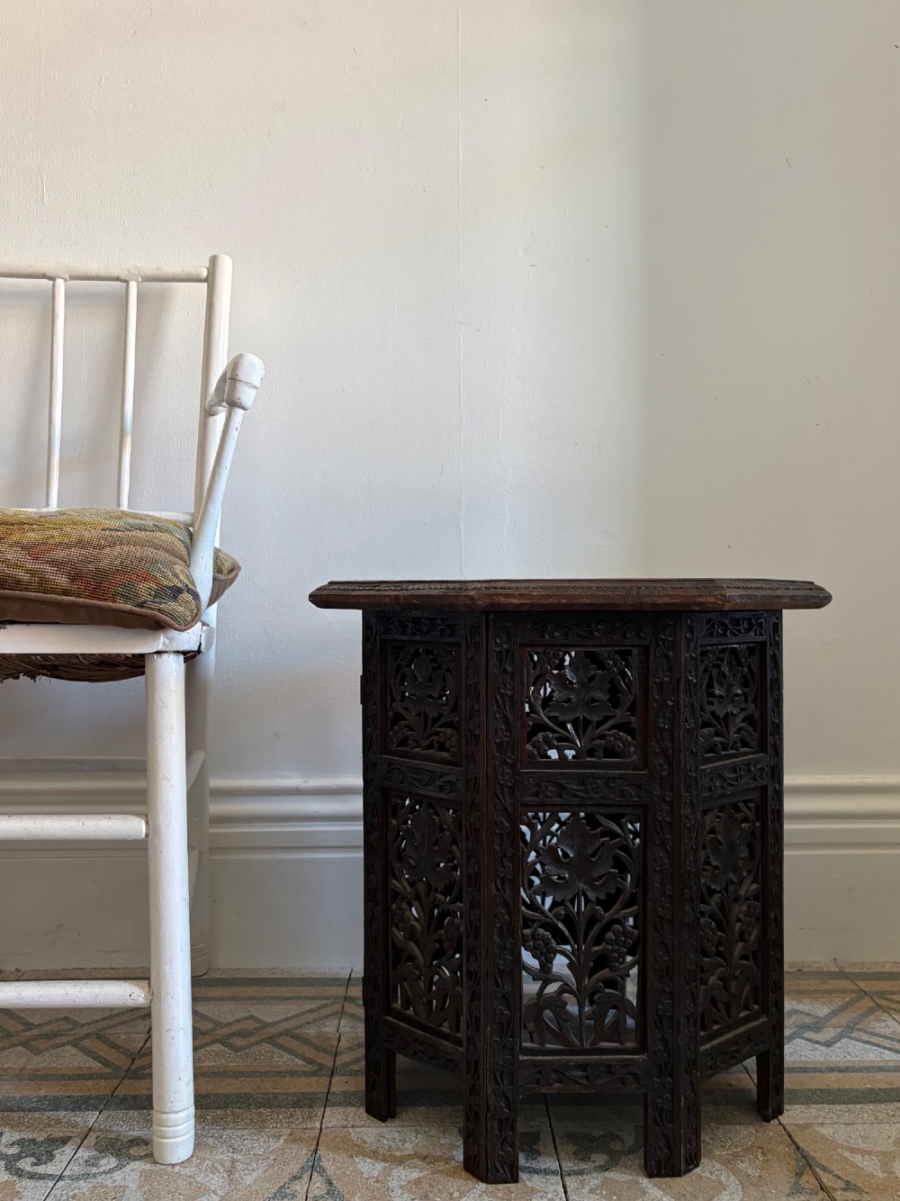 Anglo Indian Carved Octagonal Table C1900, 48.5cm tall, 46cm top, Indian Teak