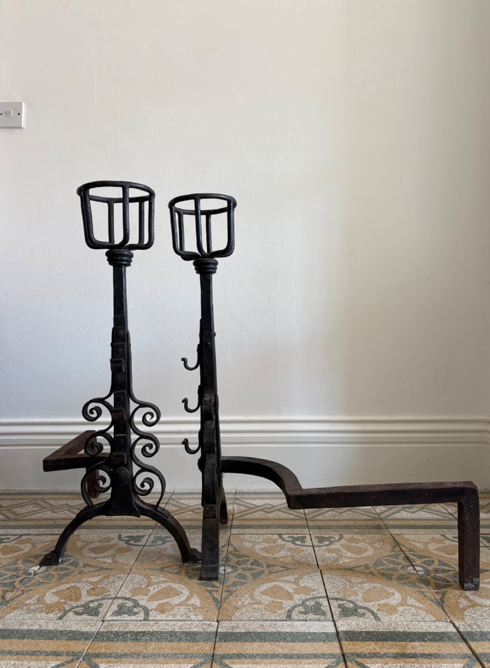 A Monumental Pair of English Wrought Iron Fire Dogs, Andirons 82cm tall C1900 View II