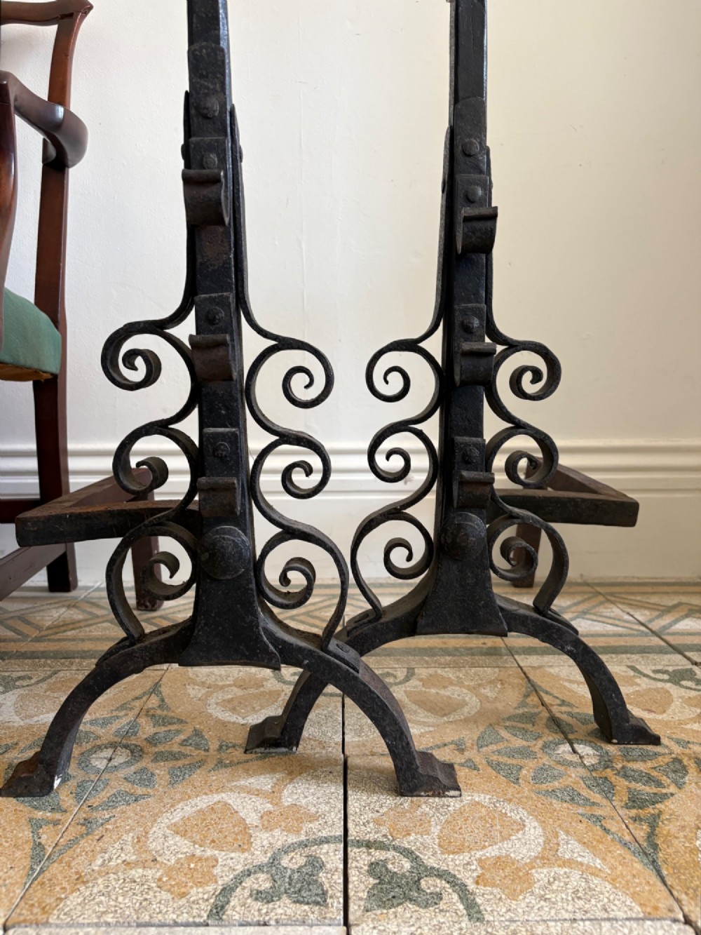 A Monumental Pair of English Wrought Iron Fire Dogs, Andirons 82cm tall C1900 View III