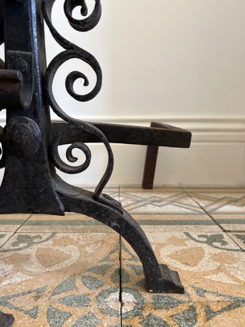 A Monumental Pair of English Wrought Iron Fire Dogs, Andirons 82cm tall C1900 View IV