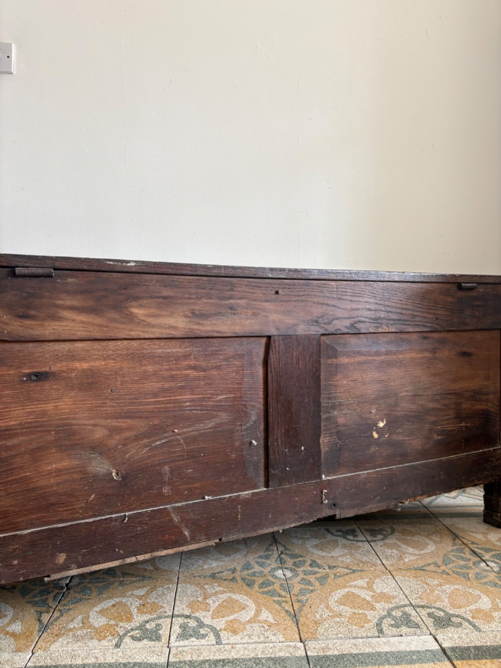 A Georgian Oak Blanket Box 123cm with Iron Hinged Lid, on Bracket Feet C1790 View VIII