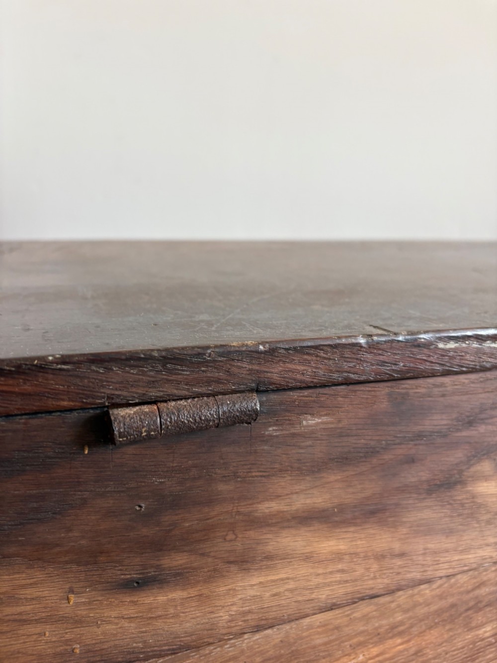 A Georgian Oak Blanket Box 123cm with Iron Hinged Lid, on Bracket Feet C1790 View XV