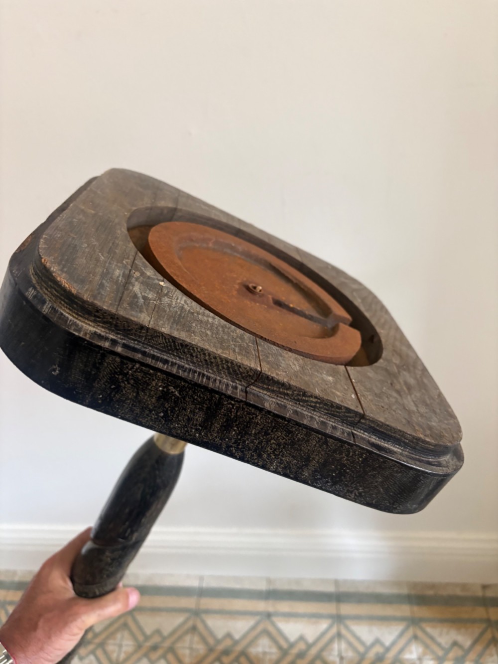 A French 1920s ebonised floor lamp featuring a carved barley twist column on a square base with a brass socket fitting. View XI