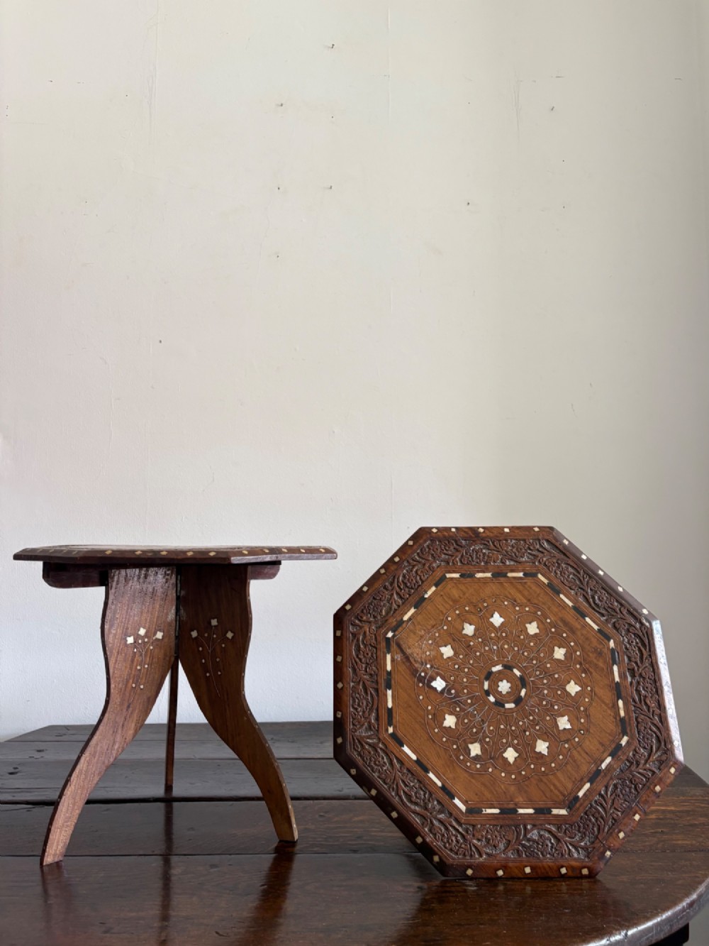 A Pair of Anglo Indian Hoshiarpur Octagonal Bone Inlay Folding Tables C1900 40cm top
