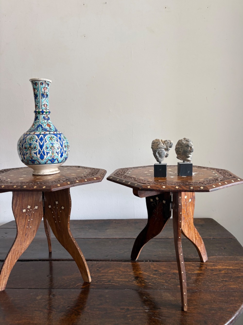 A Pair of Anglo Indian Hoshiarpur Octagonal Bone Inlay Folding Tables C1900 40cm top View II