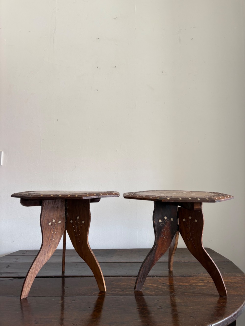 A Pair of Anglo Indian Hoshiarpur Octagonal Bone Inlay Folding Tables C1900 40cm top View III
