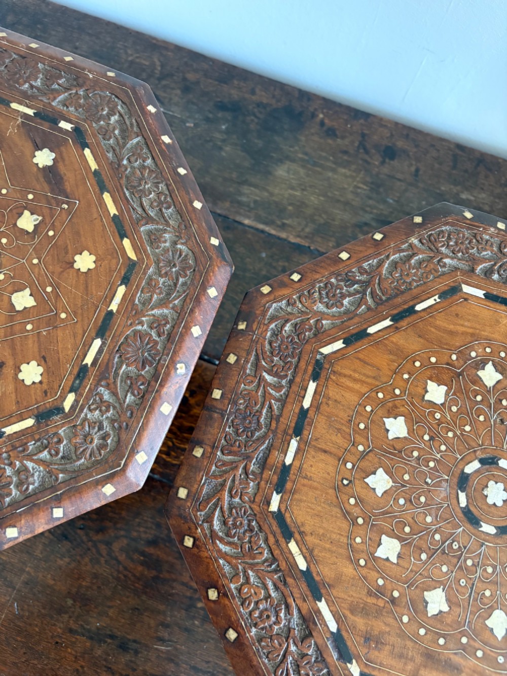 A Pair of Anglo Indian Hoshiarpur Octagonal Bone Inlay Folding Tables C1900 40cm top View IV