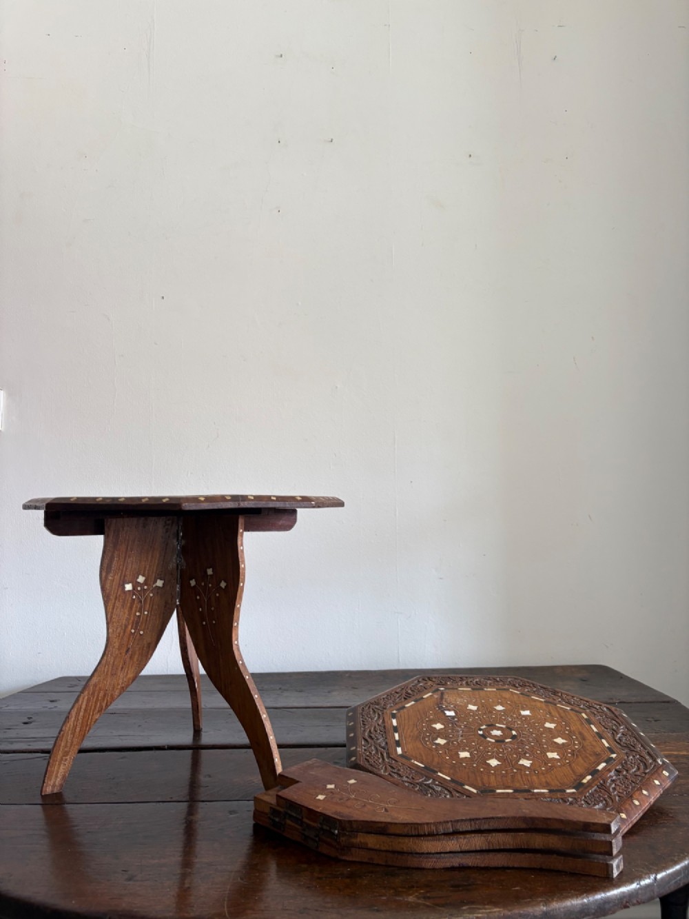 A Pair of Anglo Indian Hoshiarpur Octagonal Bone Inlay Folding Tables C1900 40cm top View VIII