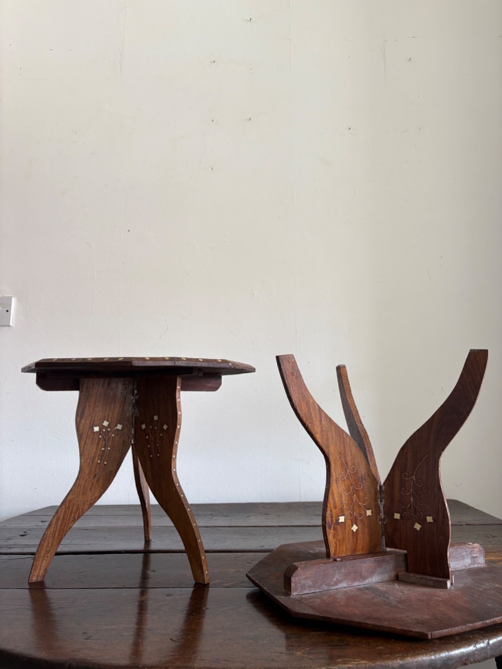 A Pair of Anglo Indian Hoshiarpur Octagonal Bone Inlay Folding Tables C1900 40cm top View IX